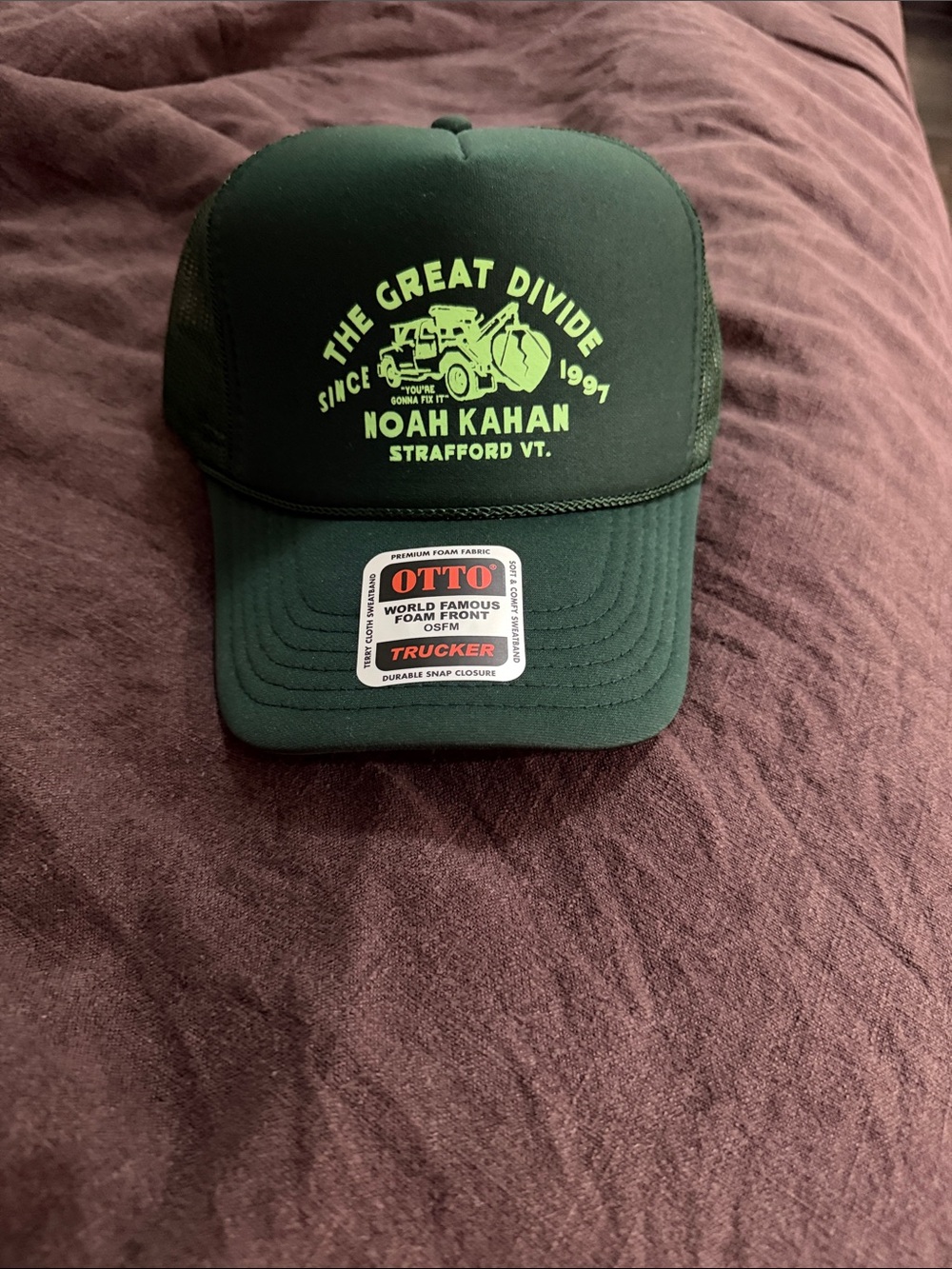Noah Kahan Tour OTTO Green Foam Trucker Hat with Neon Yellow Graphic